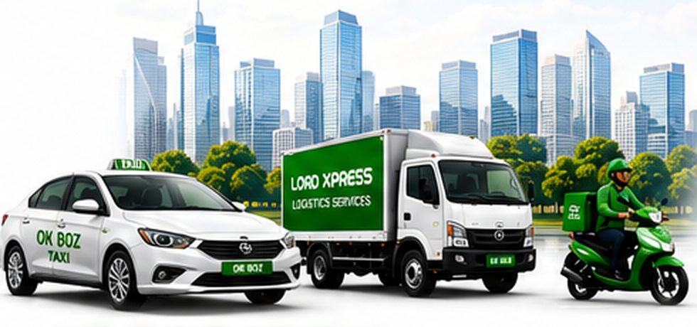 An OK BOZ taxi, a LOAD XPRESS truck and a delivery scooter in front of a city skyline